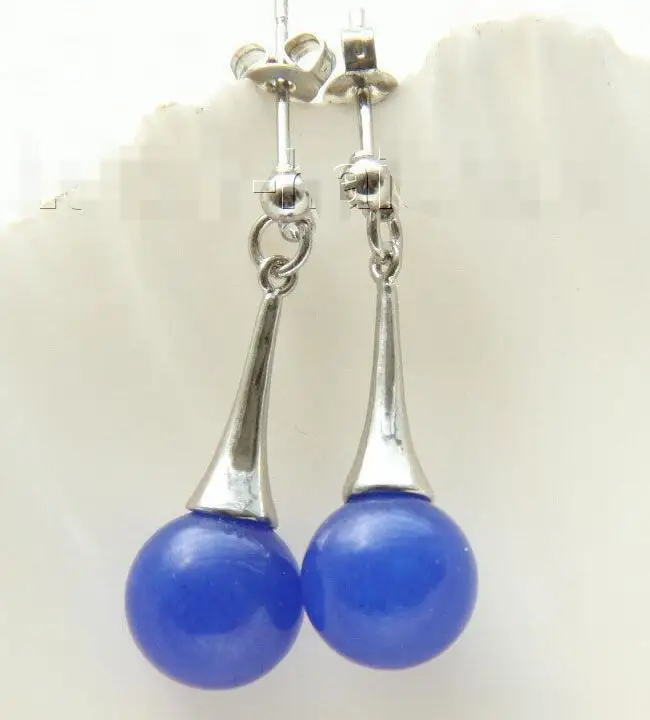 

>Genuine Dangle Stud 10mm round blue jade bead Earrings
