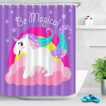 

LB Magical Funny Cute Unicorn Purple Shower Curtains Stars Polyester Bathroom Curtain Fabric for Girl Kids Bathtub Home Decor