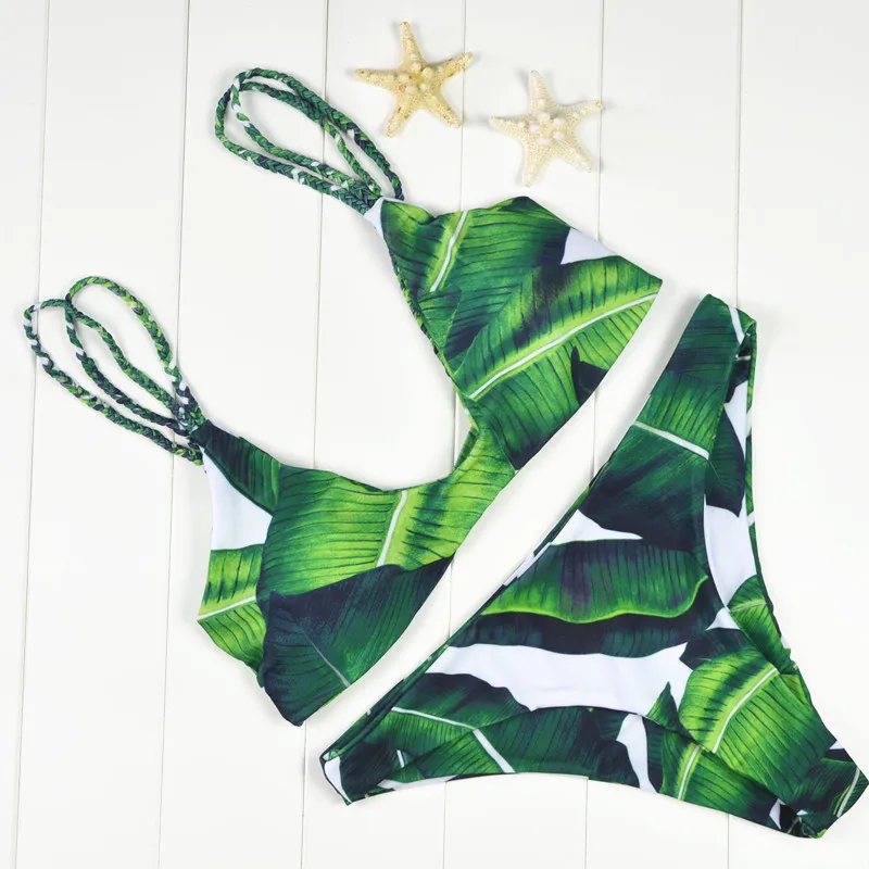 

Green Leaf 2018 Thong Sexy Bandage Women Bikini Set Swimsuits Push up Brazilian Bikinis Swimwear Female Biquini Beachwear