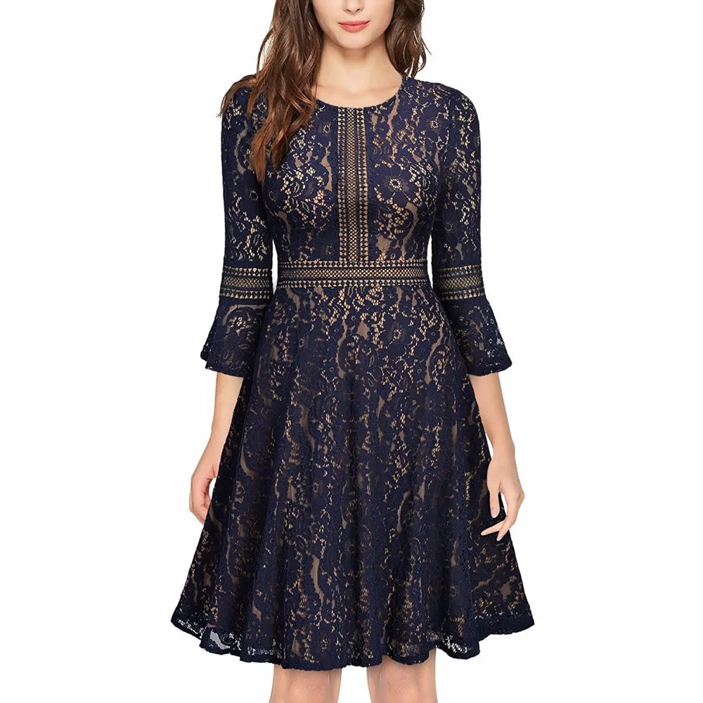 

Women's Vintage Full Lace Contrast Flare Sleeve Big Swing A-Line Dress Evening Party Dresses Vestido de festa