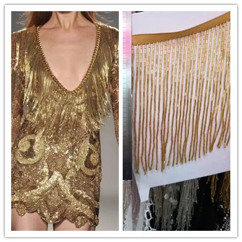 

5yards fashion gold tube beads tassel fringe 15cm width for decoration dress/fashion designer