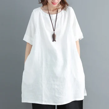 

2019 summer white Casual Large size L-XXL Tops Tees women purple Cotton Loose T-shirt fashion Linen O-Neck Tops T-shirt women