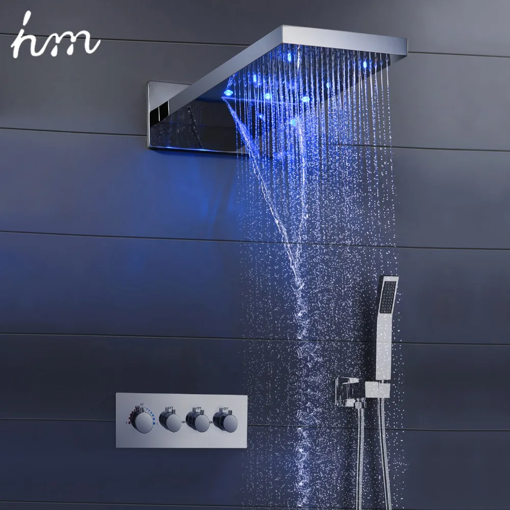 

hm 22" LED Shower System 304 Stainless Steel Rain Waterfall Showerhead Water Saving Square Bath Chrome Finished Faucets