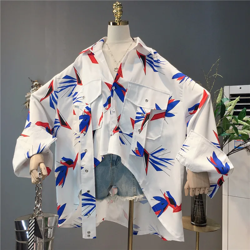

2019 New Spring Women's Printed Long Sleeve Irregular Shirt Loose Sun Screen Blouse Autumn Female Students Big Size Tops