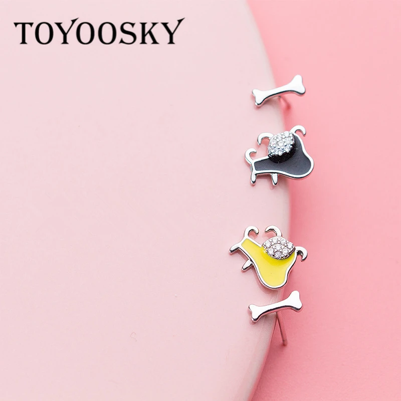 TOYOOSKY, модные, 925, серебряные, маленькие, клеевые, крошечные, собачьи кости, асимметричные серьги-гвоздики, милые, для женщин, девушек, черные, желтые, простые ювелирные изделия