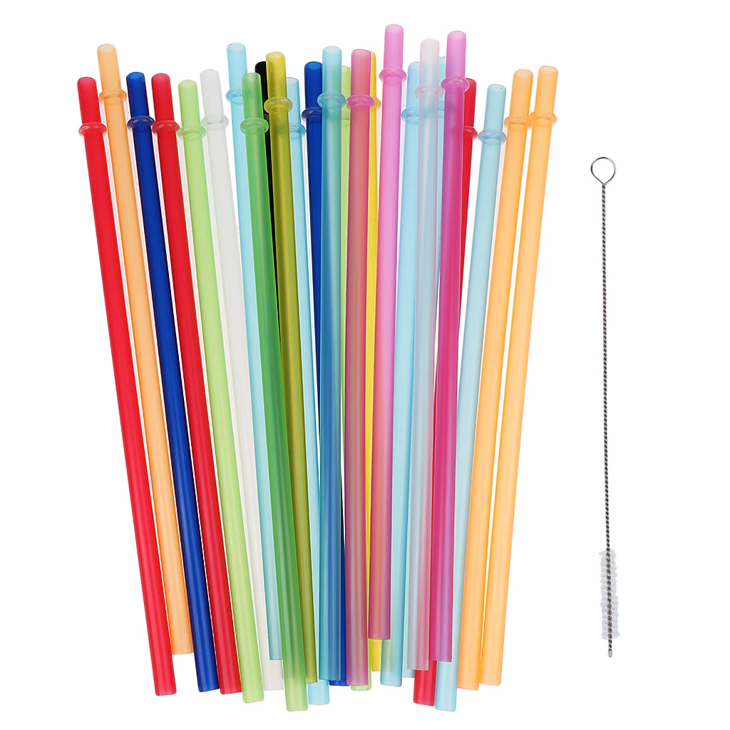 25x Colorful Reusable Clear Hard Plastic Straws+1x Cleaning Brush Replacement Tumblers Straws Wedding Baby Shower Party Decor