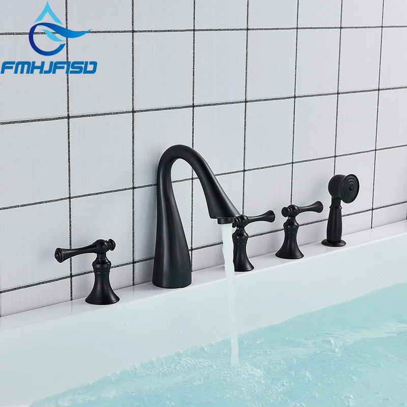 5 PCs Bathtub Faucet Triple Handle Dual Spout Widespread Tub Faucet