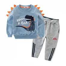 Комплект детской одежды из хлопка для мальчиков, осень, детские топы с мультипликационным принтом и штаны, комплект из 2 предметов для детей 2, 3, 4, 5, 6, 8, 9 лет, детская одежда с динозавром