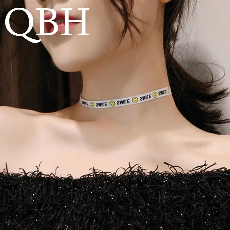 

NK249 New Bijoux English Letter Smile Face Chokers Necklace for Women Gothic Short Clavicle Ribbon Harajuku Collier Punk Jewelry