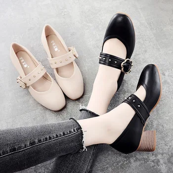 

2019 spring new with square head single shoes shallow mouth grandma shoes fashion thick with Korean version