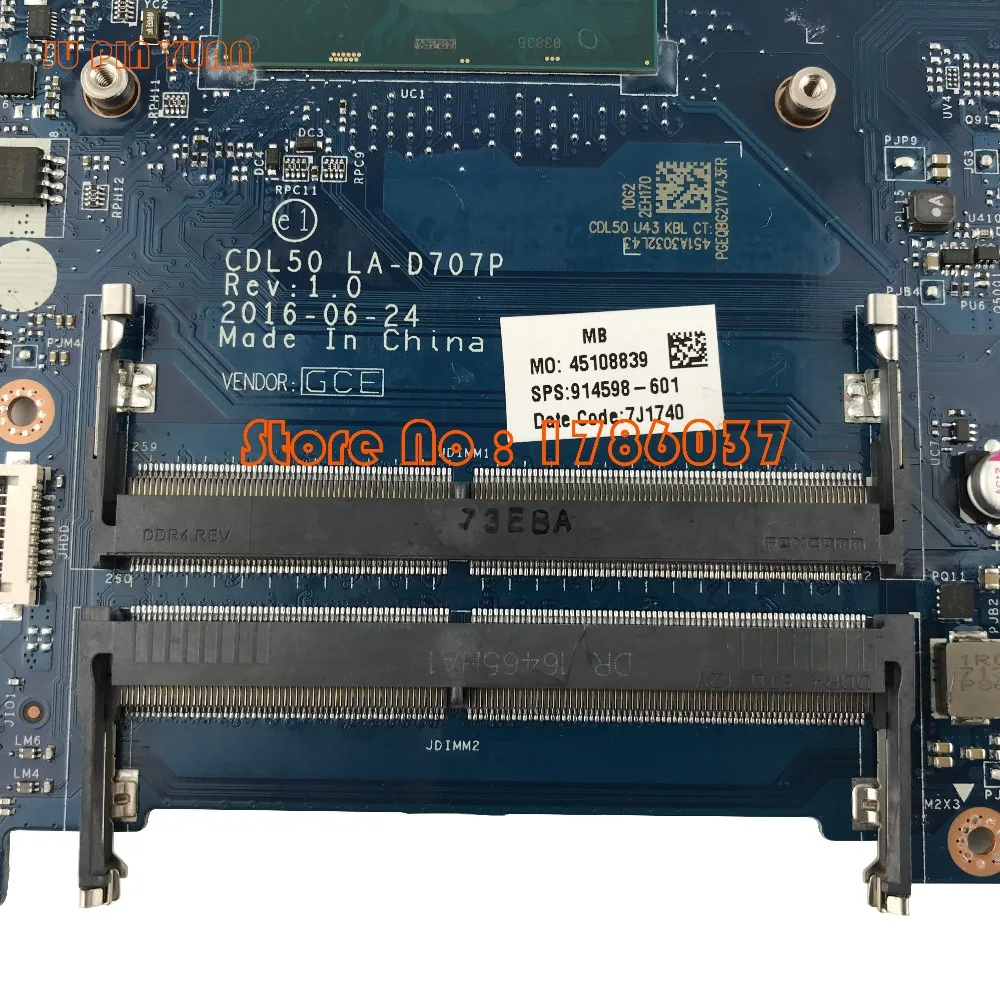 JU PIN YUAN 914598-601 914598-501 914598-001 LA-D707P для ноутбука hp 15-AY 15-AC серийная материнская плата для ноутбука с процессором i7-7500U