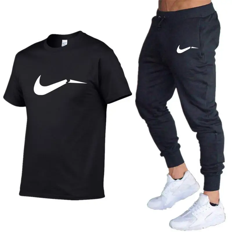 

Summer Men T-Shirts+Pants Two Piece Suit Quality Short Sleeve Gyms Clothing Men Gym Muscle Cotton Fitness Workout Men's Sets