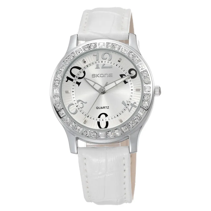 SKONE Роскошные часы женские модные дизайнерские кожаные кварцевые женские часы Брендовые женские часы для девочек relogio feminino - Цвет: Белый