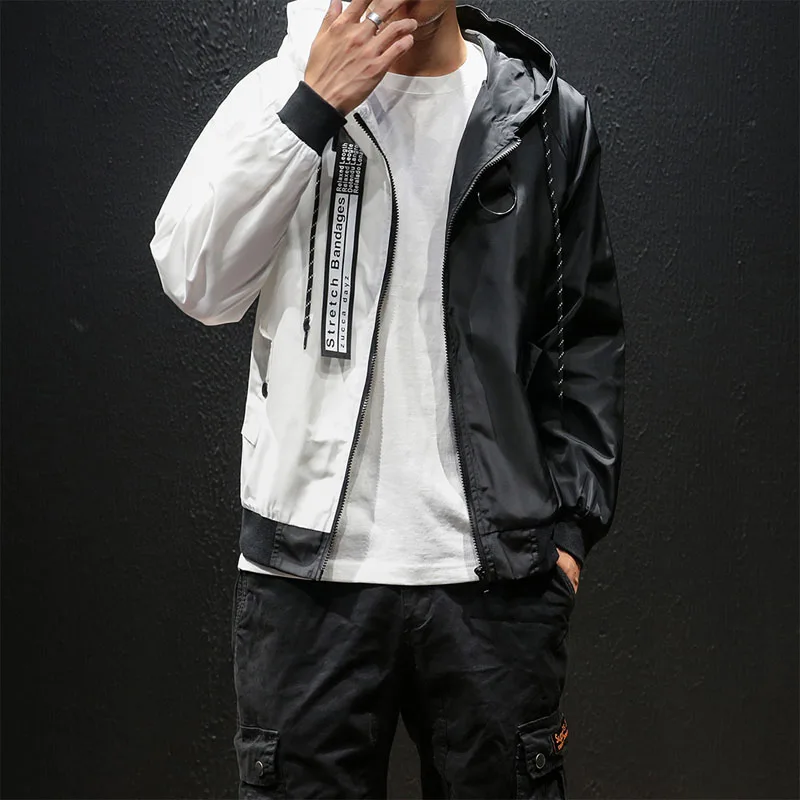 

Men Light Jacket Hoodie Coats 2019 Style Fashion Men Women Black And White Splice Hooded Thin Windbreaker Zipper Coat US Size
