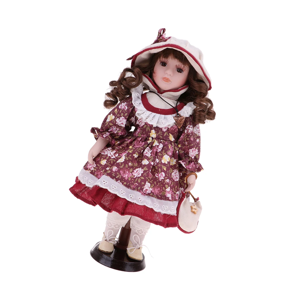 30cm Porcelain Doll Victorian Girl Standing Figures with Wooden Stand Kids Adult Collections Porcelain Dolls Collectible