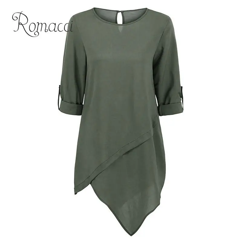 

Romacci Women Plus Size Blouse Solid Dip Irregular Hemline Oversize Women Clothing Rolled Long Sleeve Buttons Casual Loose Tops