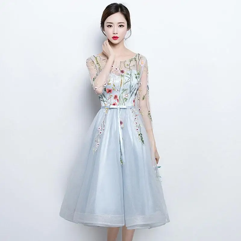 Champagne Women Cocktail Mini Dress Lace Vestido De Noche Elegante Embroidery Flower Formal Gown Sexy Belt Robe De Soiree - Цвет: Light blue 2