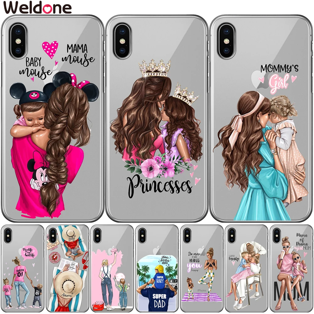 

Fashion Super Mom Baby Girls Phone Case For iPhone XS Max XR X 7 6s 8 Plus 5S SE Family mom baby girl Dad case Cover etui Coque