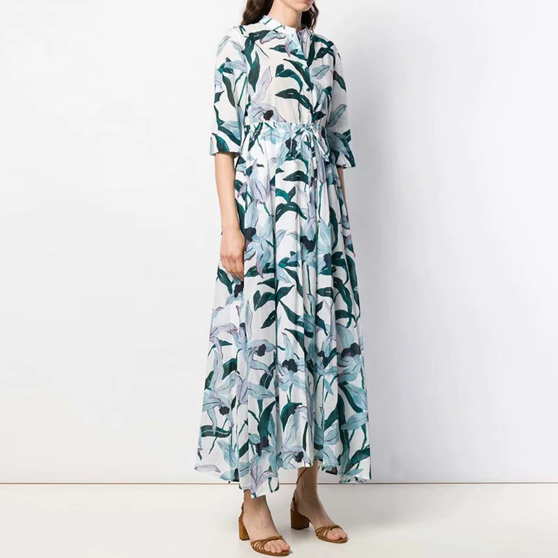 

HIGH QUALITY Newest 2019 Summer Runway Dress Women's Half Sleeve Floral Print Mid-calf Dress