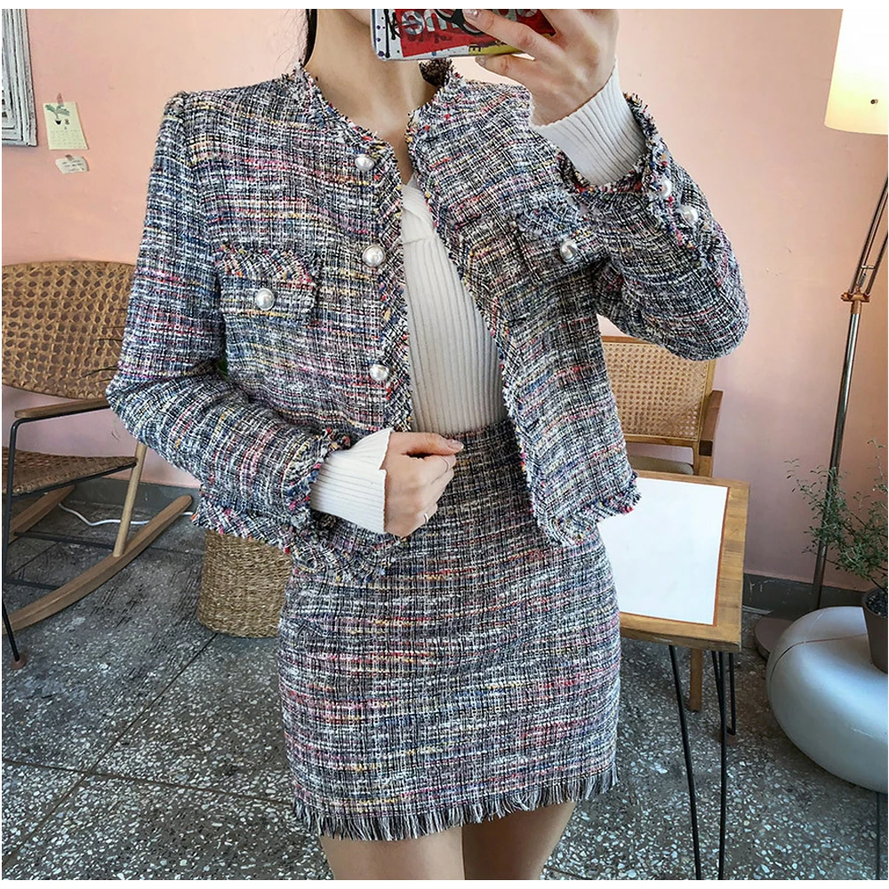 buy Women Chic Vintage Style O-neck Long Sleeves Check Plaid Single Breasted Pearl Designed Tweed Jacke