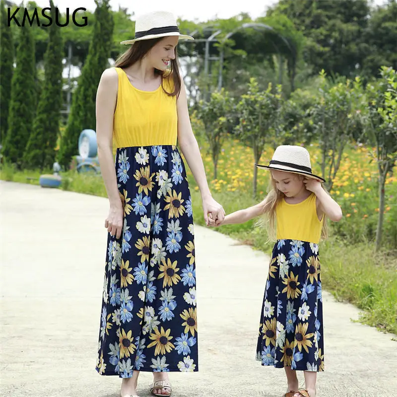 

Mother daughter dresses High Waist Flower Print Long Dress 2019 Mommy and Me Dress Mom and daughter dress Family Look Dress D035