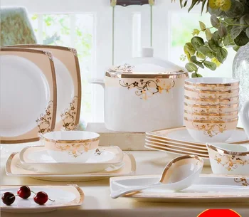 

Red color bone china tableware set luxury bowls plates set European household ceramic dinnerware set