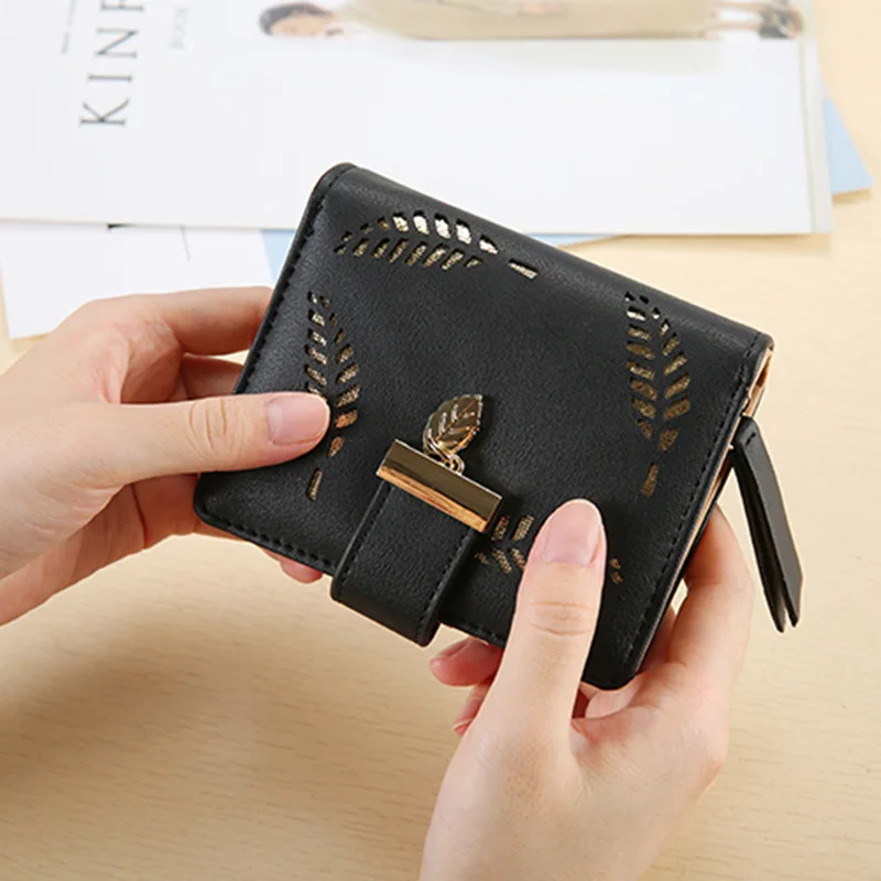 2019 women s creative hollow leaves high quality PU leather hand delicate solid color short fashion classic wallet
