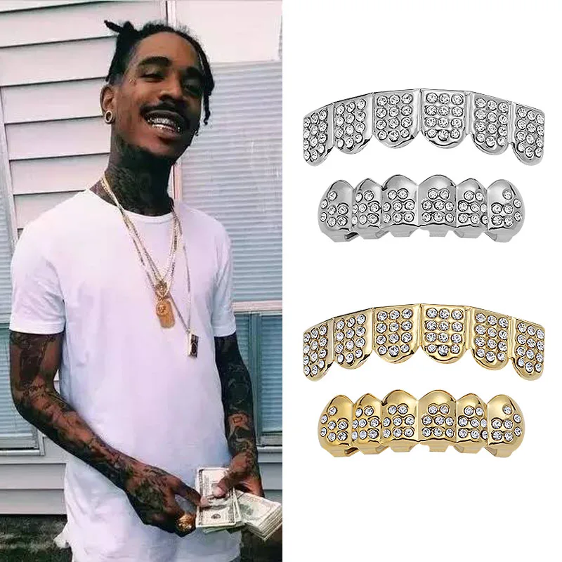 

Hip Hop Fang TeethGrillz Set Gold Color Micro Pave Cubic Rhinestone Top & Bottom teeth Mouth Teeth Grills Sets
