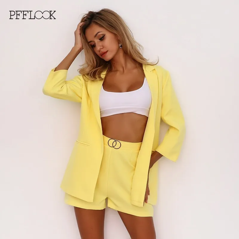 PFFLOOK أنيقة الرسمية الدعاوى 2019 الصلبة 2 قطعة مجموعة النساء الصيف دعوى أزرار وزرة المرأتين قطعة مجموعة بلوزات وسراويل
