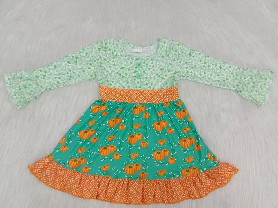 

Halloween pumpkin kids clothes girl's dress belt cotton boutique autumn Long Sleeve dress