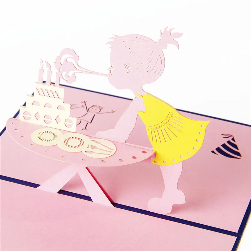  Happy Birthday Postcard Greeting Gift Cards 3d Handmade Pop Up Laser Cut Girl Blowing Candles Card  - 32956873639