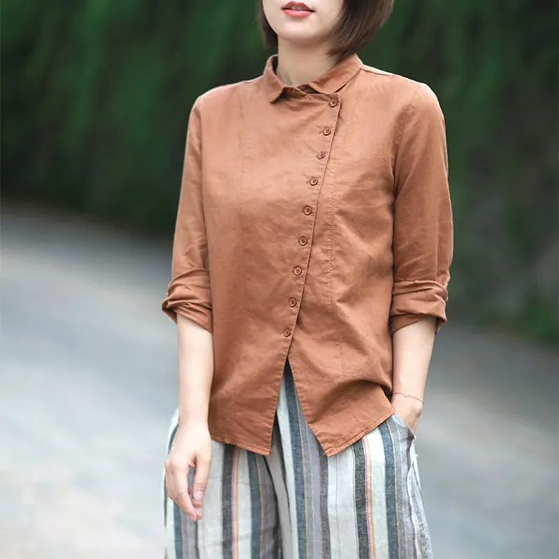 

Mferlier Women Blouses Turn Down Collar Oblique Button Long Sleeve Solid Artsy Ladies Cotton Linen Vintage Blouse