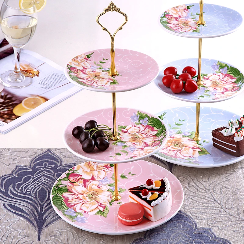  Ceramic Cake Plate Sets 3 Layer Pastry Snack Tray Kitchen Accessories Fruit Tray Handling Gold line - 32835408060