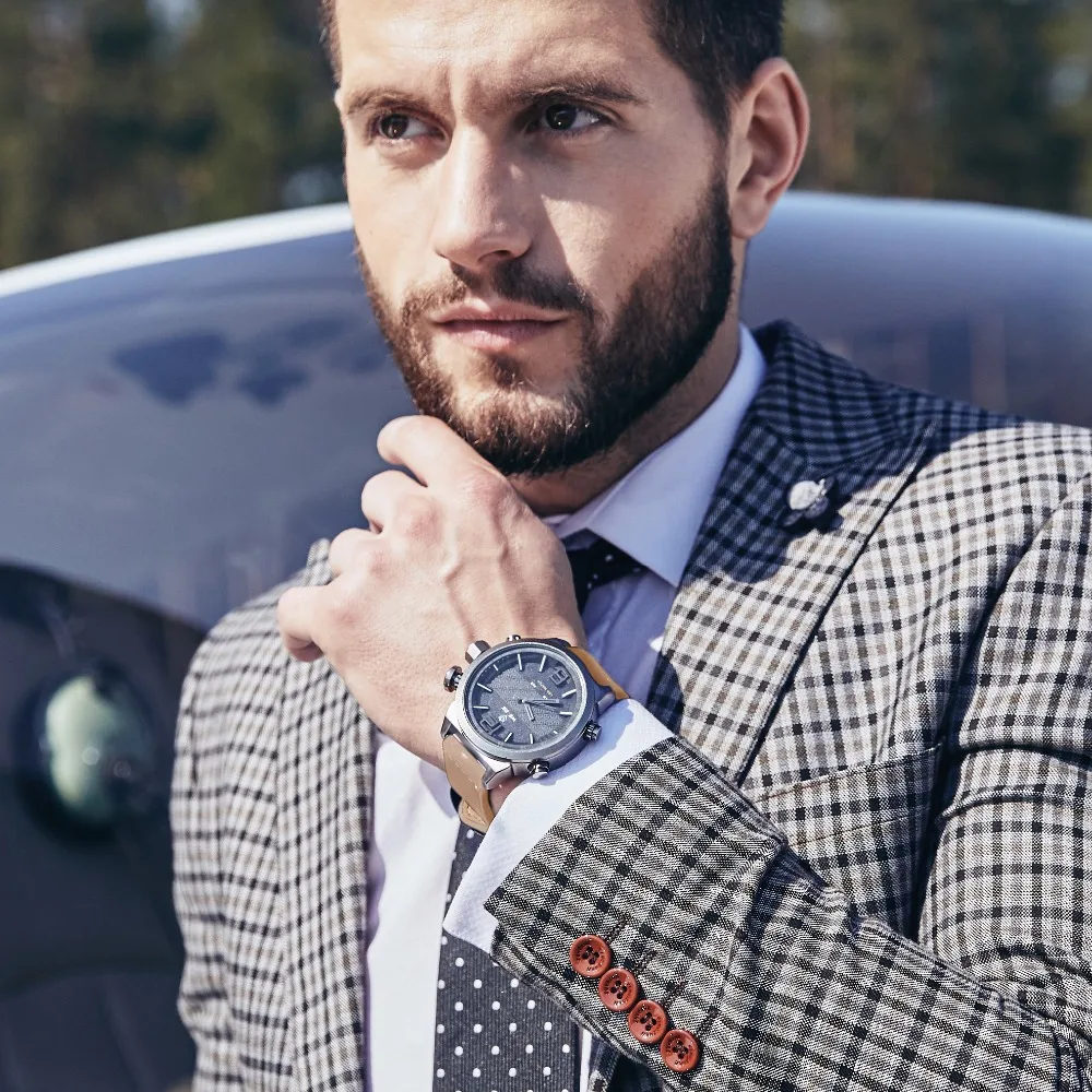 WEIDE Genuine Leather Strap Watch Men Outdoor Sports Watches Khaki Watchband Waterproof Dual Time Zone Alarm Quartz Wristwatch