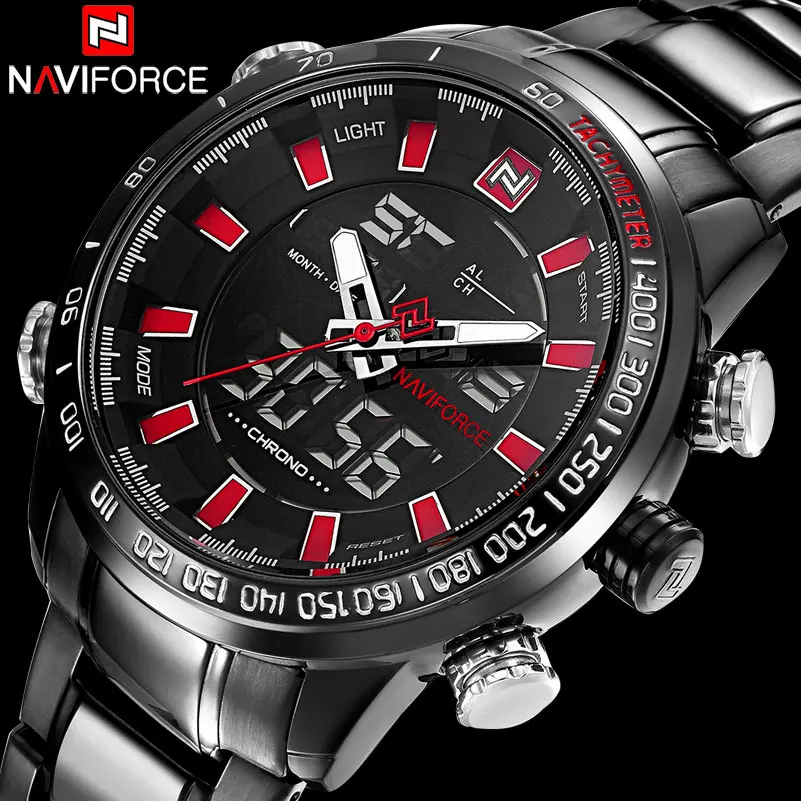 Beste Mannen Sport Horloges NAVIFORCE Merk Mode Dual Display Horloges LED Digitale Horloge Rvs Gift Quartz Horloge Horloges