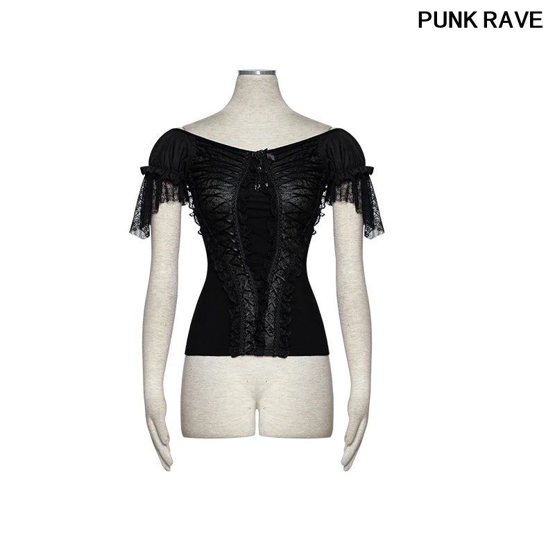 

Gothic Transparent Lace Collar Makes Chest Flowers Are Removable T-shirt Fashion Wide Boat Neck Women T-shirt PUNK RAVE T-446