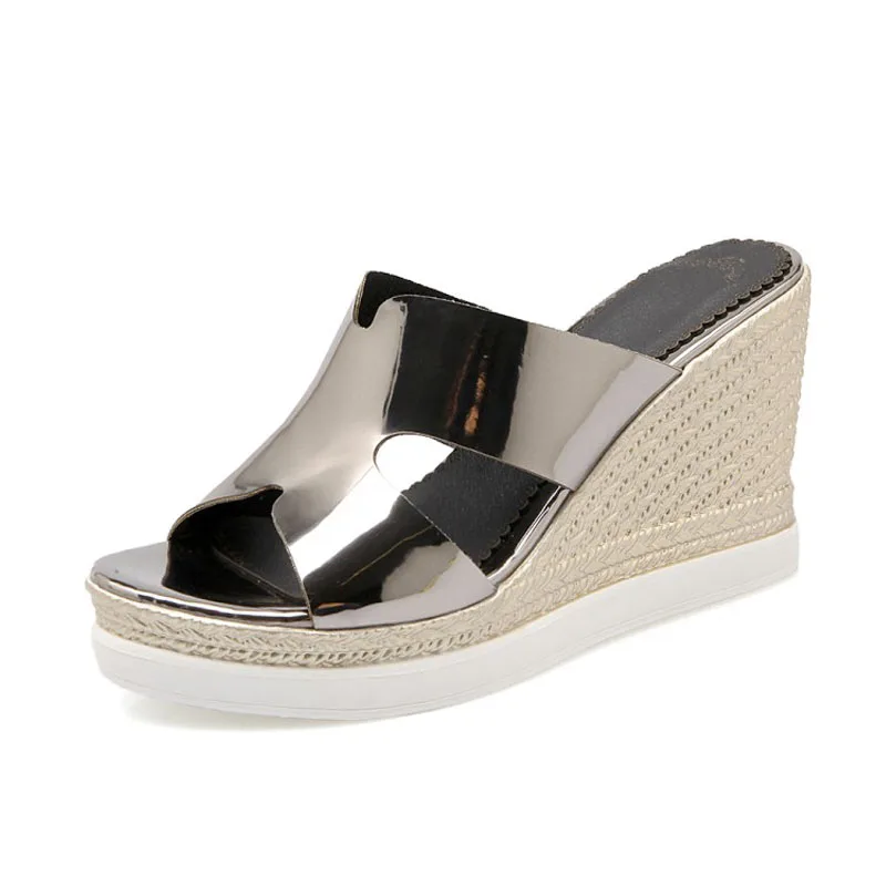 Big Size 33-43 Summer Woman Shoes Platform Metallic Leather Pink Slides Wedge Beach High Heel Slippers For Women Blue Lady Shoes (14)