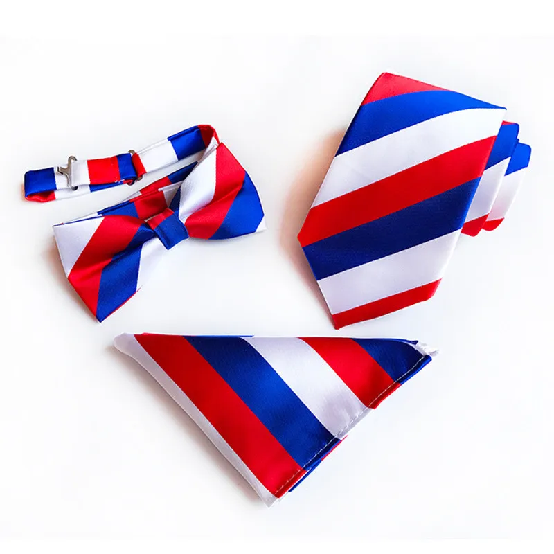 

3PCS Slim Tie Set Men Bow Tie and Handkerchief Bowtie Necktie Cravate Homme Red Blue White Striped Man Corbatas Hombre Pajarita