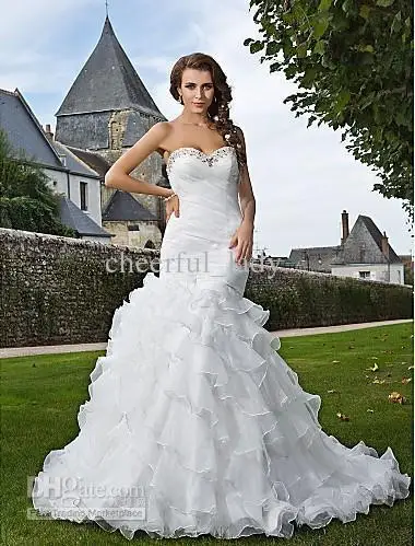 

2014 - Custom Made Ruched Trumpet/Mermaid Sweetheart Strapless Chapel Train Beads Organza Tiered Wedding Dress