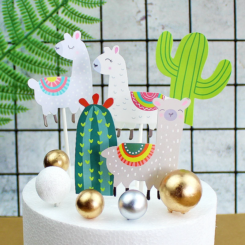 Cactus Alpaca Llamas Cake Topper Cupcake Toppers Summer Jungle Party Cake Decoration Cake Flags Party Supplies