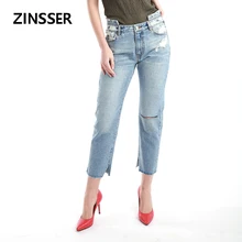 Осень-зима, женские джинсовые обычные штаны, повседневные, рваные, с высокой талией, вымытые, синие, рваные, бойфренд, узкие, женские джинсы
