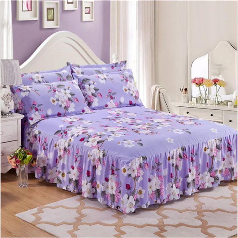 

100% Cotton Pastoral Style Purple flower Bedding Bed Skirt Bed Cover Bedspread Pastoral Flower Lace Bed Sheet Home Textiles