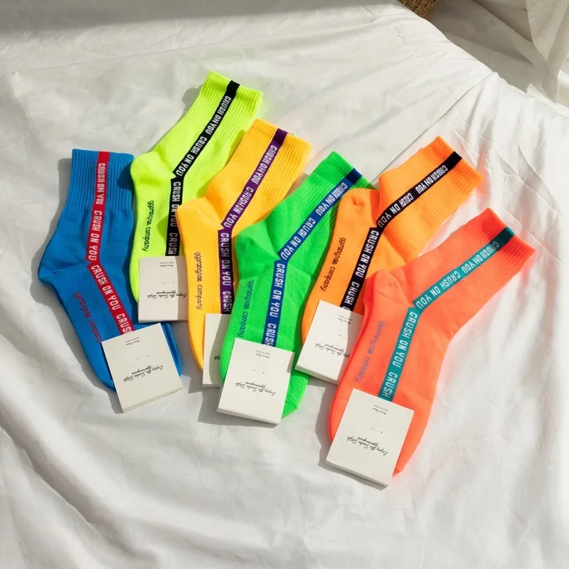 

Korea Style Women Socks Candy-coloured Vertical-grain Alphabet Fluorescent Socks Sports And Leisure Cotton Socks Ladies Street