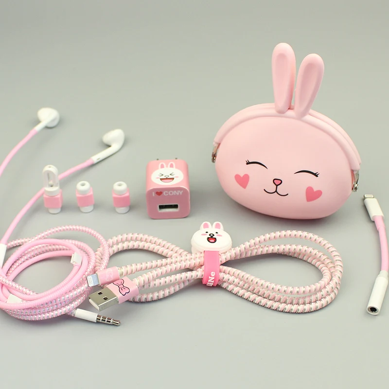 

One Set USB Cable Earphone Protector Cable Winder Cartoon stickers USB Charger cable cord protector For iphone 5 5S 6 6s Plus 7