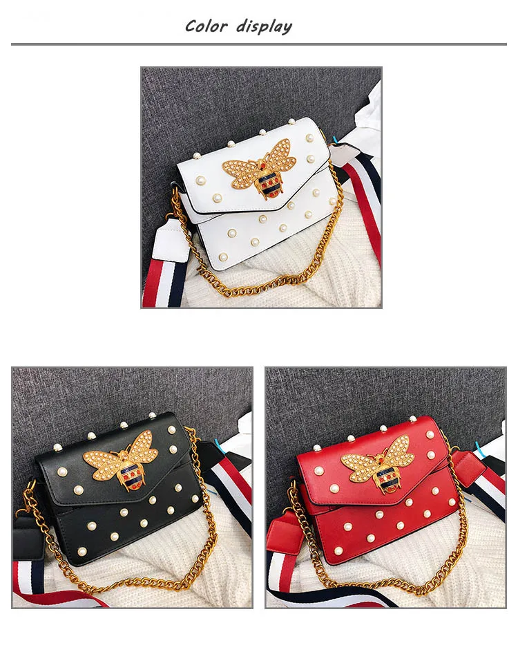 Women's Pearl Bee Leather Handbags Crossbody Bags for Women 2018 Italian Style Luxury Chain Clutch Designer Female Shoulder Bag (2)