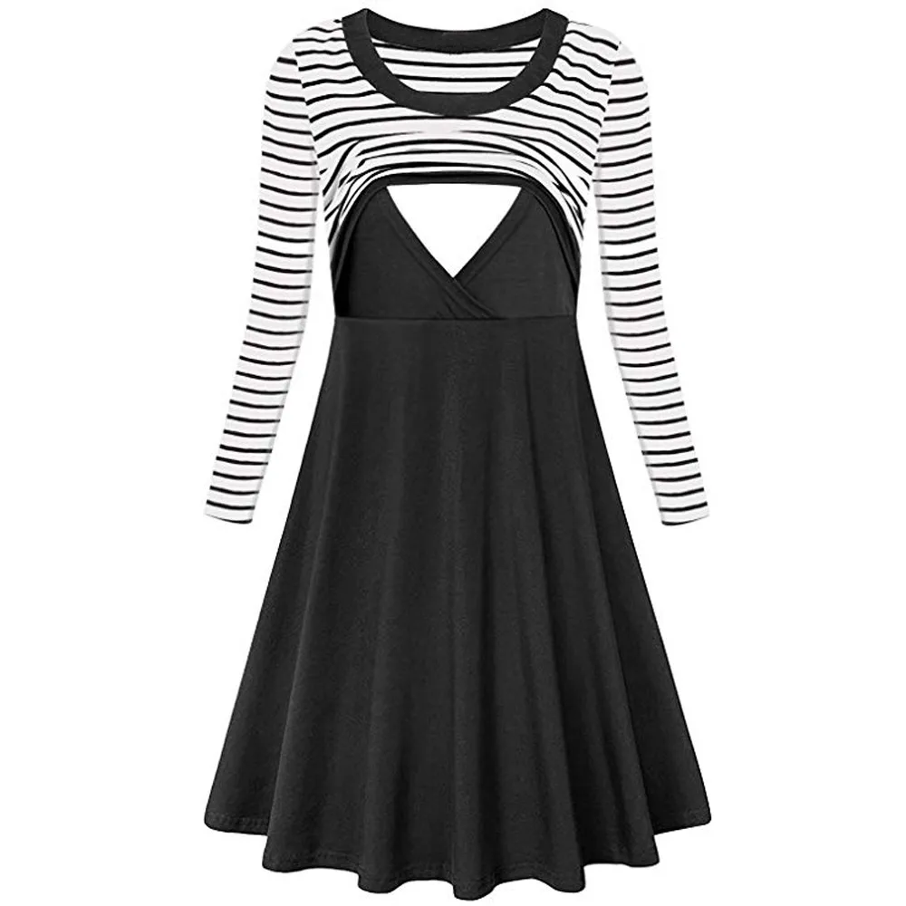 

Maternity Nursing Dresses Casual Striped Patchwork Long Sleeve Breastfeeding Dress For Pregnant Women Soft Pregnancy Clothes