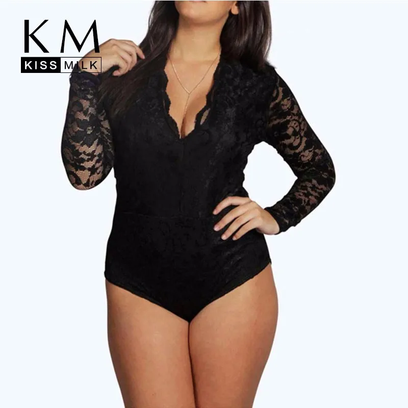 

Bodysuit Women Fashion Sexy V Neck Long Sleeve Lace Patchwork Black Scallop Romper Skinny Jumpsuit Plus Size 6XL