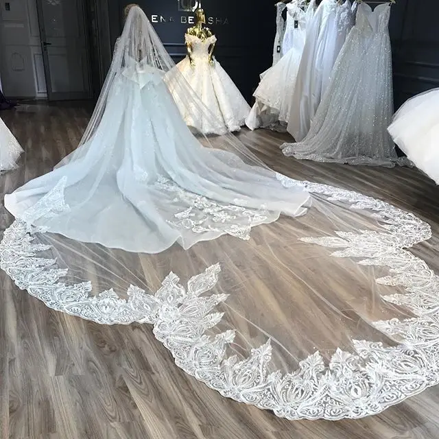 Новый Специальный Дизайн Длинные Свадебные вуали 2019 кружево, аппликация бисером фаты и свадебные Фата, свадьба индивидуальный заказ