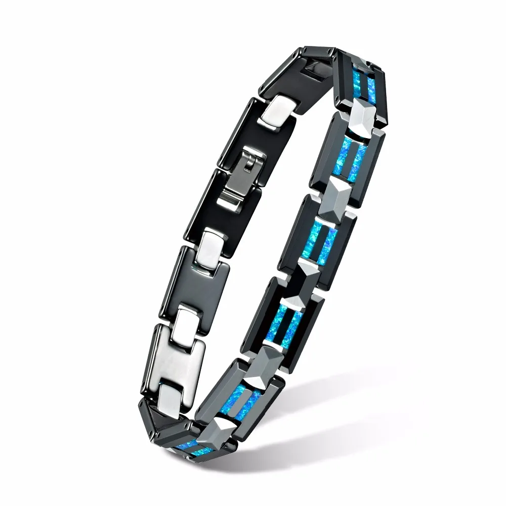 Luxury mens Love couple bracelets for women Blue Natural Opal Black Ceramic Silver Color Tungsten Carbide Jewelry  (5)
