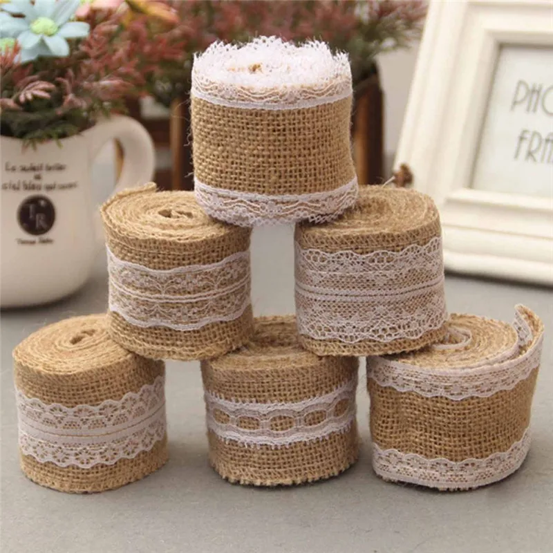 

Artistic Jute Burlap Rolls Hessian Ribbon With Lace Vintage Rustic Wedding Decoration Ornament Burlap Wedding Favor